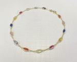 PULSEIRA RIVIERA CONFECCIONADA EM OURO AMARELO 18K, COM ZIRCONIAS COLORIDAS OVAL, PESO: 2,3g, TAMANHO: 18cm. VALOR DE MERCADO: R$ 2.000,00