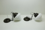 LUSTRE - Par de lustres pendentes com globo em opalina branca, no formato, dito escadinha. Med. 55x17 cm.