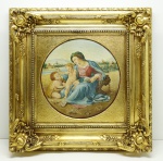 QUADRO - OST, representando Madona com menino Jesus e pequeno São João Batista de Rafael. Datado e locolizado - Rio 1948. Bela moldura em madeira ricamente dourada. Med. 28x28 cm e 43x43 cm. Para maiores informações: escritoriojoaodefranco@gmail.com