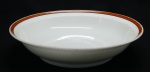 PORCELANA - Saladeira redonda em porcelana branca com faixa e frisos em laranja e preto. Med. 7x31 cm.