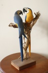 DECORAÇÃO - Casal de araras azuis esculpidas, sobre galhos. Med. 71 cm.