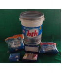 Balde de Cloro 10 em 1 HTH, contendo 5 kg (O balde de 10 kg), Saco com 1/2 conteúdo aprox.. Sulfato de Alumínio e Elevador de alcalinidade, Kit de Alcalinidade, (usado regentes com 10% dos conteúdos aprox.) e um kit de teste de cloro e PH.