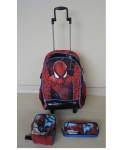 Mochila com rodízio, uma lancheira e estojo do Homem Aranha.