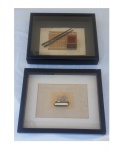 Dois quadros sendo uma arte popular representando traineira  e um com  hashi, pote de saquê e esteira, 28 x 18 cm.