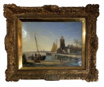 QUADRO - OST MARINA HOLANDESA COM BARCOS, SÉCULO XIX, ASSINADA NO CID; W. R. DOMMERSEN. PRESENÇA DE PLACA EM METAL COM O NOME DO ARTISTA. RESTAURAÇÃO PROFISSIONAL REALIZADA NA DÉCADA DE 90 PELA MUSEÓLOGA RESTAURADORA, MARIA L;IDIA P. A . GONÇALVES. MEDIDAS; 30 X 39. MEDIDA COM MOLDURA; 47 X 57.