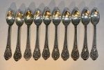 PRATA - DEZ COLHERES PARA CAFÉ EM PRATA PORTUGUESA CONTRASTE ÁGUIA 833. MARCA DO PRATEIRO NÃO IDENTIFICADO E PUNÇÃO DE PUREZA. PESO; 185 GRAMAS.