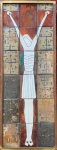 ARTE SACRA - GRANDE E PESADA PEÇA CONSTRUÍDA EM CERÂMICA ESMALTADA E MADEIRA, REPRESENTANDO CRISTO. NA CRUZ. PESADO, SÓLIDO, COM VESTÍGIOS DE OURO, COBRE E CHUMBO NO PROCESSO DE ESMALTAGEM. MANUFATURA NÃO IDENTIFICADA. ANOS DE 1970. MEDIDAS. 125 CM X 47 CM X 8 CM.