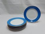 Jogo de 6 pratos de bolo em porcelana São João Recife, barra azul com friso ouro. Medindo 17cm de diâmetro.