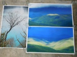 Três reproduções de fotografias impressas em tela representando paisagens chinesas por Hue Way / Wei He. Meds. totais 73 x 43cm e 43 x 73cm.