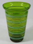 Vaso em cristal translúcido na cor verde, anos 50, decorado com frisos em satiné e douração. Alt. 23 cm.