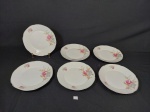 Jogo de 6 Pratos Sobremesa em Porcelana Maua decorada com flores. 2 com bicados em baixo e borda Medida 18,5 cm diametro