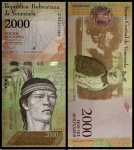 VENEZUELA - CEDULA EM ESTADO FLOR DE ESTAMPA DE CONSERVAÇÃO DE 2000 BOLIVARES ANO 2016