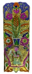 CHINA 1900 - Rara obra folclórica no formato retangular representando família rosa pintada à mão em rica policromia sobre folha de ouro. China período 1900. Usadas antigamente em caixas de fogos de artifícios. Mede 8cm x 20cm.