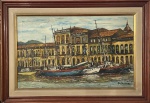A. TAVARES - Graciosa obra em óleo sobre tela representando marinha, assinada no canto inferior direito, protegida por moldura de madeira escura e paspatur creme. Apresenta pequeno rasgo. No estado. Medida da obra 38 x 62cm. Medida total 52 x 75cm.