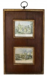 Antigo quadro decorativo com dois reprints de litgrafias francesas antigas, protegidas por placa e moldura de madeira. Possui argola para pendurar. Mede 42 x 27cm.