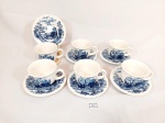 Jogo de 6 Xicaras de café em Ceramica Vitrificada Oxford azul e branca cena Carruagem .Medida: xicara 5 cm x 7 cm e pires 11 cm