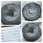 D. Pedro II, Colônia, PPPP XX Réis com carimbo escudete 1698, cobre MBC/BC. <br>Ref. Cat. Bentes 2022 MARCA para BC 950,00 / MBC 3000,00 / SOB 6000,00 <br>Nº1