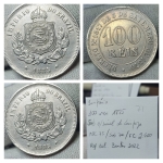 Império 100 Réis 1885, SOB com sinal de limpeza. <br>Ref. Cat. Bentes 2022 Bentes 2022 MARCA para MBC 75,00/ SOB 700,00/ FC 2400,00 <br>Nº71