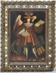 Pintura Cusquenha Séc. XVIII/XIX, retrata Imagem de São Miguel, ost 55 x 80 cm. Moldura original, necessita apenas restaurto no canto inferior direito,