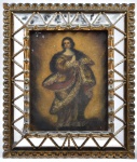 Pintura Cusquenha - Imagem de Nossa Senhora, ost assinado, 36 x 28 cm. Moldura com um dos vidros quebrados.