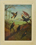 Renato Cataldi (1909-1981)  tinta acrílica sobre placa, Paisagem com pássaros, 80 x 60 cm.