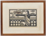 Nandré - Cristo com pássaros e arcos gravura com tiragem 11/50 datada 1979 e localizada Rio, 38 x 58 cm. Falta o vidro.