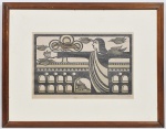 Nandré - Cristo com pássaros e arcos gravura com tiragem 37/50 datada 1979 e localizada Rio, 38 x 58 cm. Sem o vidro de proteção.