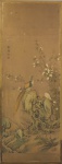 China Séc XIX/XX - Elegante painel em tecido pintado, ricamente decorado com motivos típicos, assinado, 165 x 63 cm.