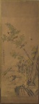 China Séc XIX/XX - Elegante painel em tecido pintado, ricamente decorado com motivos típicos,, assinado, 165 x 63 cm.