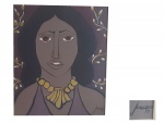 JANUÁRIO - OST - Representando rosto feminino, acid, datado 95, emoldurado a tela está   com marcas de dejetos de pequenos animais, 45 x 37 cm.