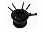 Panela para fondue patinado de preto com 6 stickers e fogareiro, completo, cabo da panela queimado, medidas da panela, Diam. 16, Alt. 10 cm