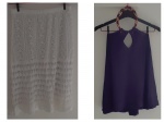 Uma saia de linha acrílica branca e uma blusa na cor lilás com colar trançado by Espaço Fashion Tam. P.