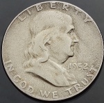 Moeda dos Estados Unidos - 50 Cents / Half Dollar - 1952 - Prata (.900) • 12.5 g • 30.6 mm - KM# 199 - Franklin Half Dollar