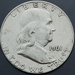 Moeda dos Estados Unidos - 50 Cents / Half Dollar - 1961 - Prata (.900) • 12.5 g • 30.6 mm - KM# 199 - Franklin Half Dollar