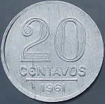 Moedas do Brasil -20 Centavos - 1961 (Data escassa) - Alumínio - FC com brilho original 