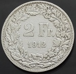 Moeda da Suiça - 2 Francs - Helvetia standing - 1912 - Prata (.835) • 10 g • 27.4 mm - KM# 21
