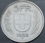 Moeda da Suiça - 5 Francs - 1933 - Prata • 15 g • 31.45 mm