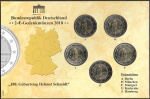 Moedas da Alemanha - Cartela com 5 Moedas de 2 Euros - 2018 - Letras A / D / F /G / J  - Centenário do nascimento de Helmut Schmidt - FC - Bimetálica
