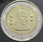 Moeda da Bélgica - 2 Euros - 2009 - 200º aniversário do nascimento de Louis Braille - FC - Bimetálica - Acompanha capsula de acrílico