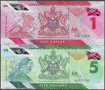 Cédula de Trinidad e Tobago - 1 e 5 dollars - 2020 - FE - Polímero (LOTE COM 2 CÉDULAS)