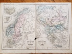 ATLAS GROSSELIN-DELAMARCHE - DE GEOGRAFIA, FÍSICA, POLÍTICA E HISTÓRIA, seus criadores foram, Augustin Grosselin (1800-1878) e Alexandre Delamarche (1815-1884). Esse é um mapa francês representando o mundo do século XVIII, mas foi impresso no começo do século XIX, mostra a Suécia, Noruega, Dinamarca, Turquia da Europa e Grécia. Tamanho: 48 x 34 cm.