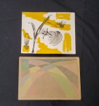 Dois trabalhos sobre cartão: a) ANNA M - técnica mista sobre cartão, assinada, med. 25 x 32,5cm; b) AP - trabalho com giz de cera colorido, assinado e datado 1957, med. total 23,5 x 35,5cm.