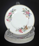 Wedg Wood - Conjunto c/ 6 pratos para doces em porcelana inglesa, coleção SANDON 4010. Pintura floral com insetos em policromia. Méd.: 18cm.