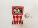 lote 2 peças sendo coador de chá com jogo de 12 colheres café em inox meridional . medida colheres 7,5 cm e coador 5 cm x 12 cm