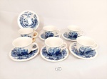 Jogo de 6 Xicaras de café em Ceramica Vitrificada Oxford azul e branca cena Carruagem .Medida: xicara 5 cm x 7 cm e pires 11 cm