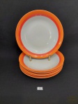 Jogo de 6 Pratos Massas Decorado Borda Laranja em Porcelana Renner. Medida: 22 cm diametro
