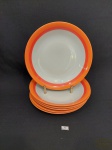 Jogo de 6 Pratos Massas Decorado Borda Laranja em Porcelana Renner. Medida: 22 cm diametro