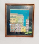 Quadro Representando Casas com Moldura Madeira Patinada Ouro e Vidro. Medida: 49 cm x 56 cm