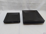 Jogo de 7 pratos quadrados em porcelana preta Oxford. Sendo 4 rasos (26,5cm x 26,5cm) e 3 de sobremesa (20cm x 20cm)