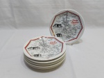 Jogo de 6 pratinho de sobremesa em porcelana com estampa de mapa. Medindo 19cm de diâmetro.